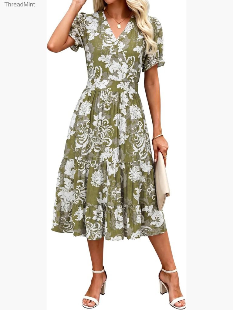 Midi Dress V Neck Puffy Short Sleeve Flowy Casual Beach Vacation Sundress With